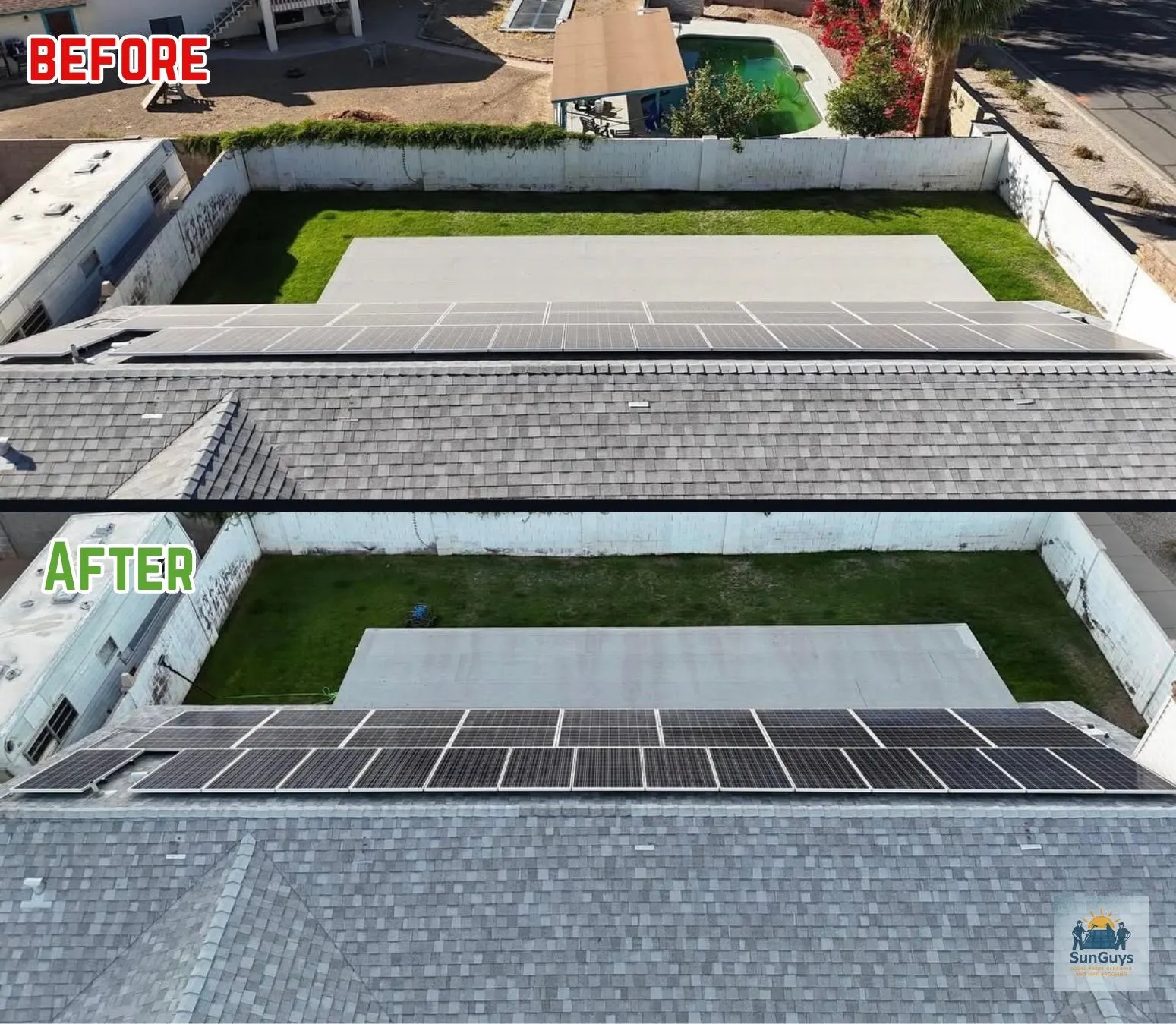 Before and after: dusty gray solar panels on a shingle roof cleaned to a deep, even black