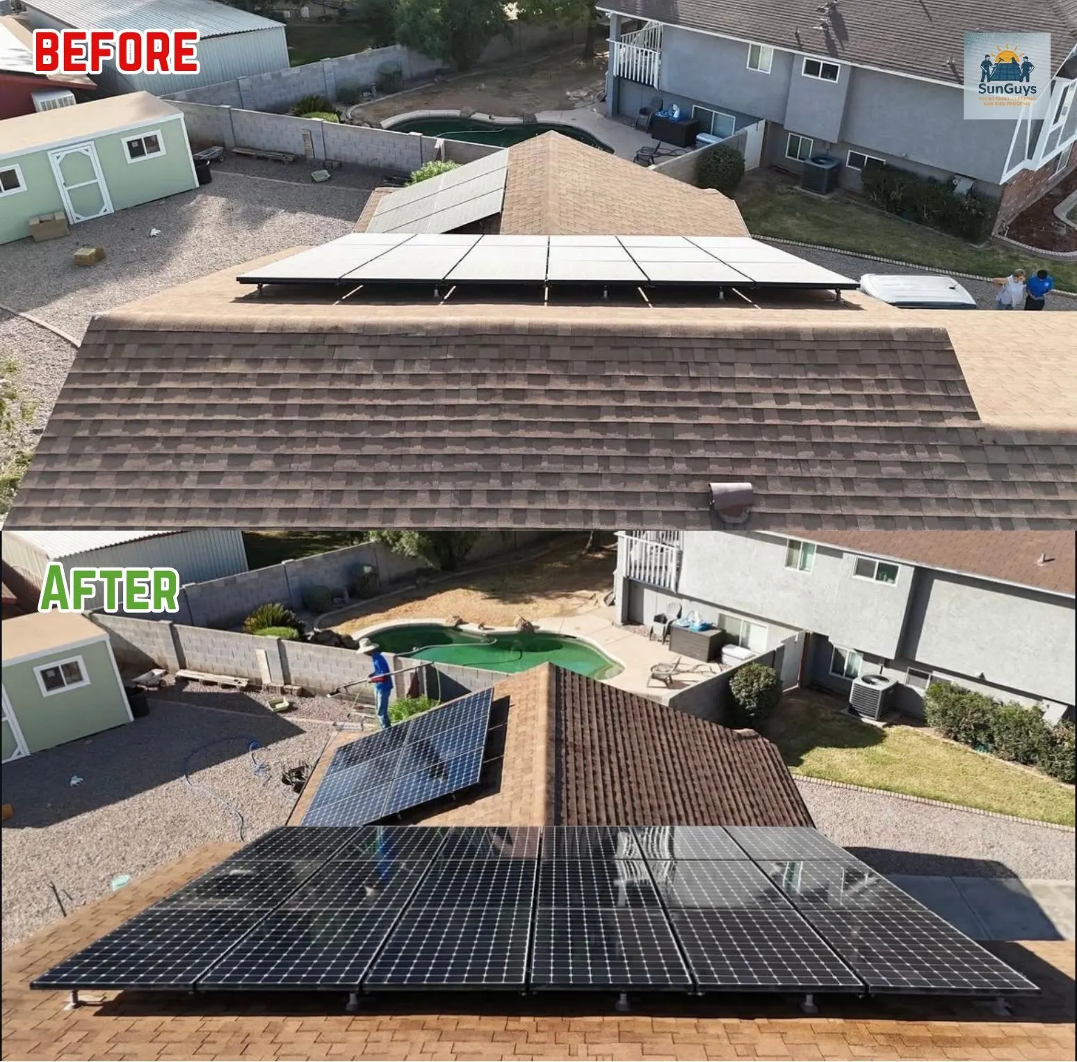 Before and after: hazy solar panels on a brown shingle roof cleaned by a SunGuys technician until the glass reflects the sky