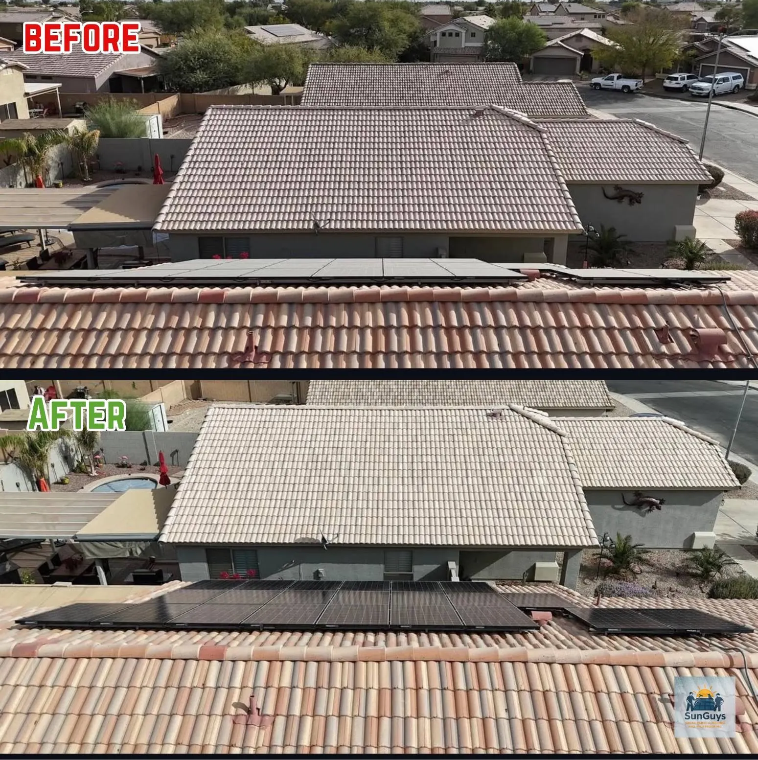 Before and after: dusty solar panels on a tile roof cleaned to clear, dark glass