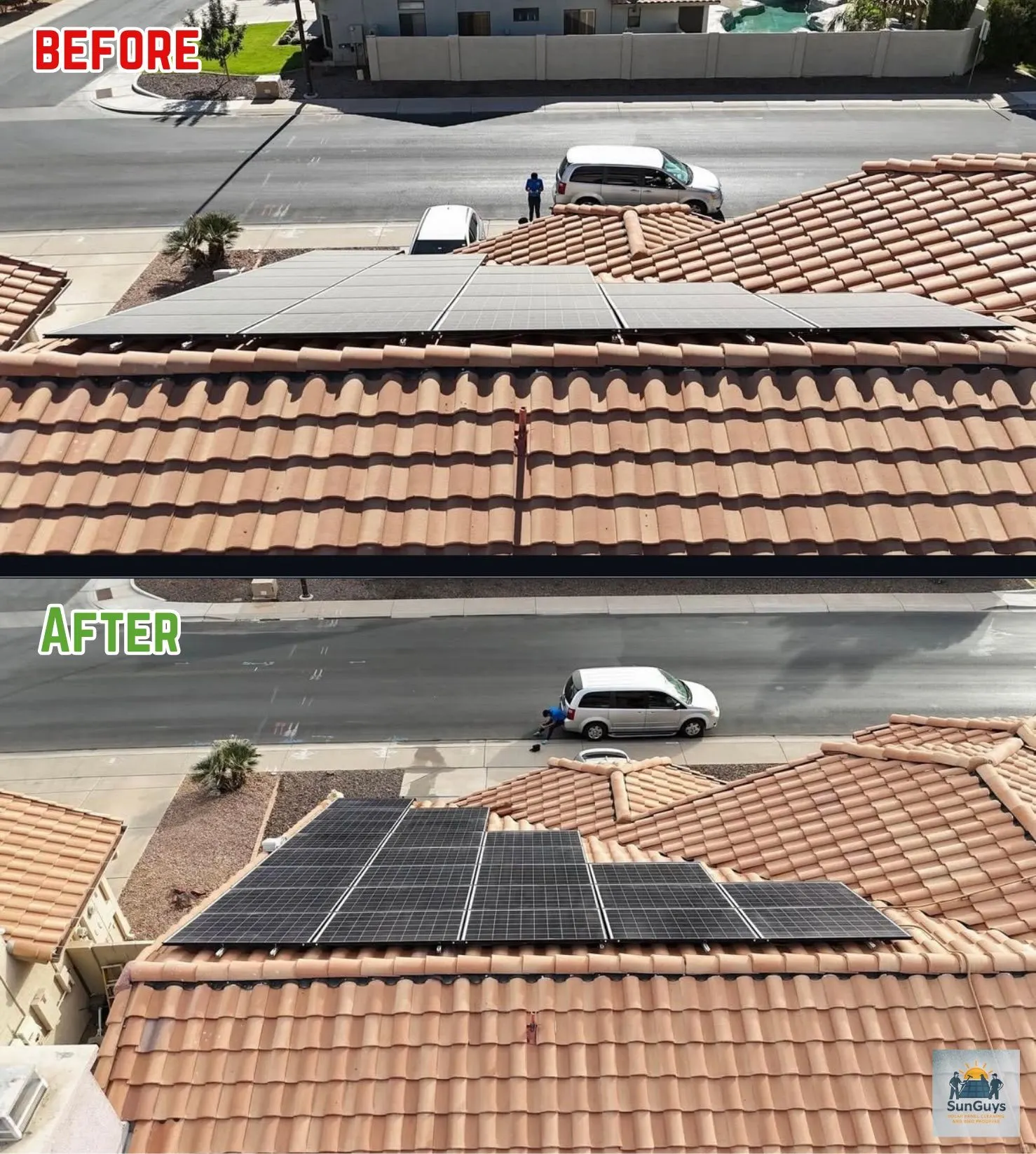 Before and after: a row of dirty solar panels on a terracotta tile roof cleaned to a deep black